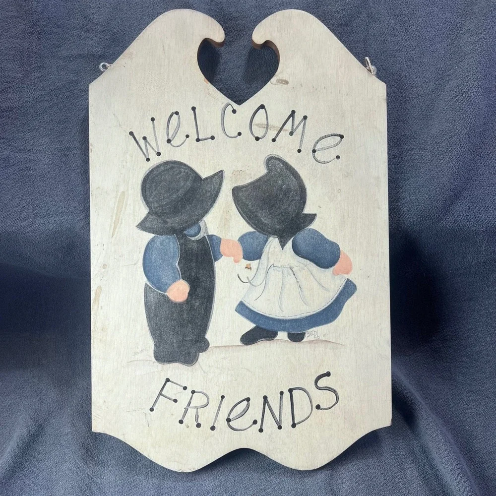 Vintage Hand Painted Amish Folk Art Wood Welcome Friends Sign Cottage Core 1996